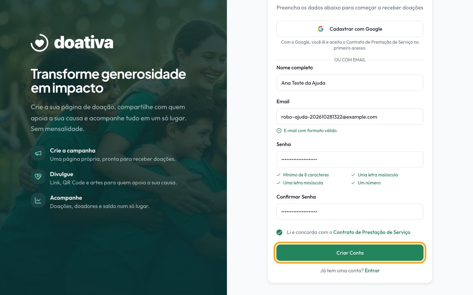 A página Criar Conta preenchida, com o botão Criar Conta em destaque
