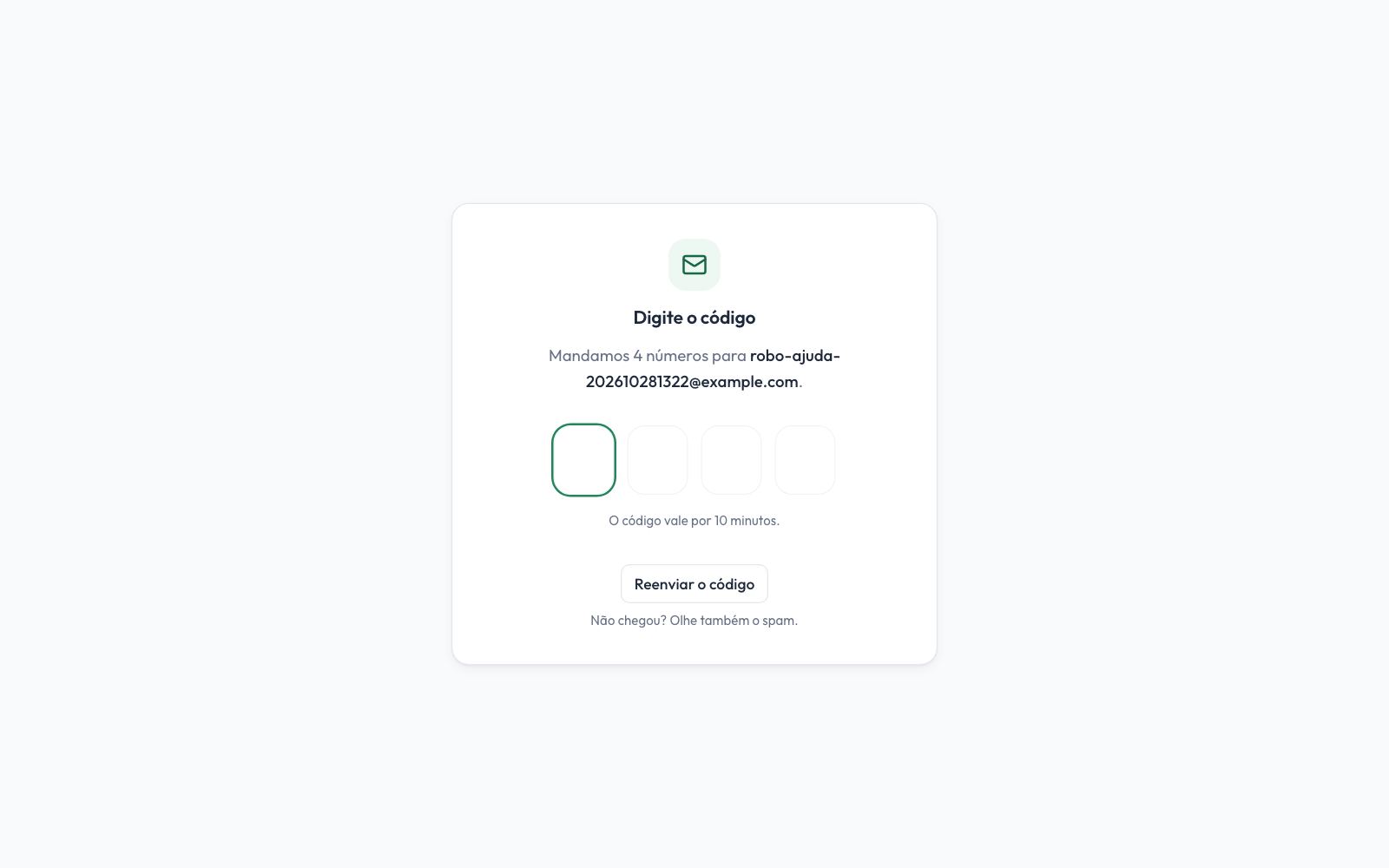 A página Digite o código, com as quatro caixas do código que chega por e-mail