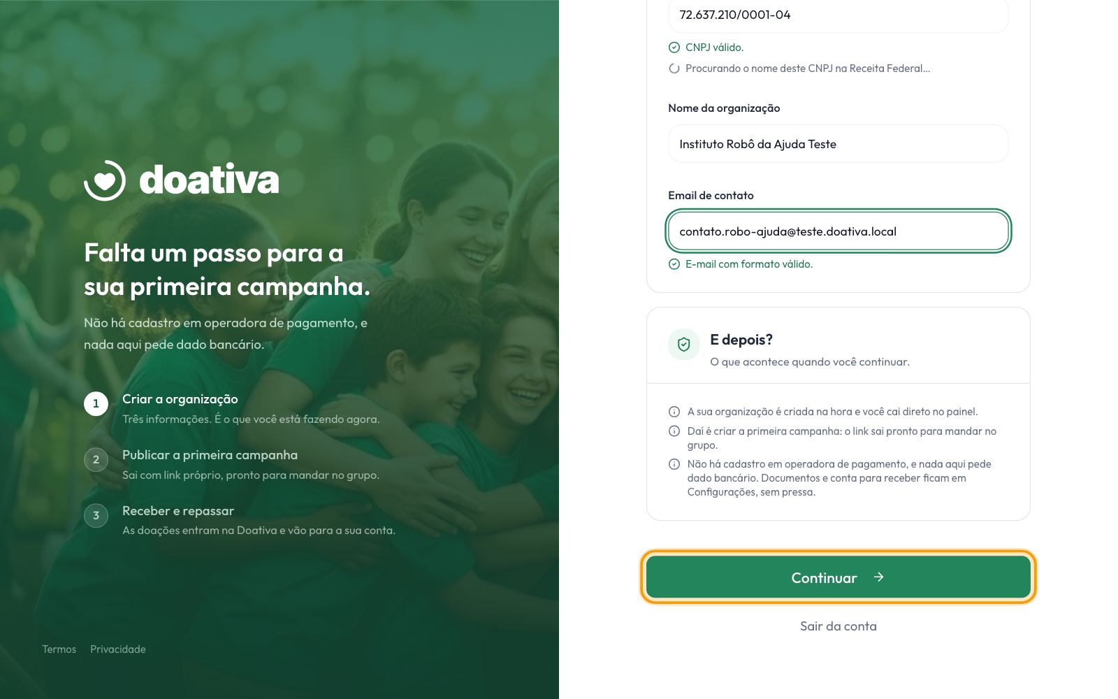 A página Configure sua organização, com Pessoa jurídica escolhida e o botão Continuar em destaque