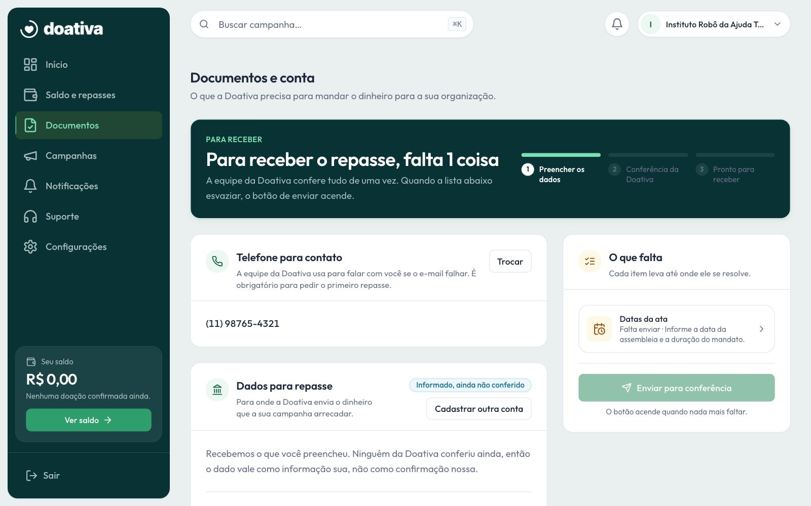 A página Documentos e conta, com a lista do que falta para receber