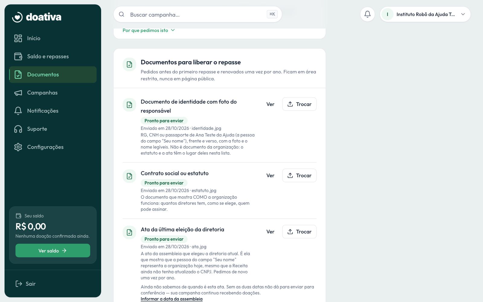 Os três documentos enviados, cada um na sua linha da lista