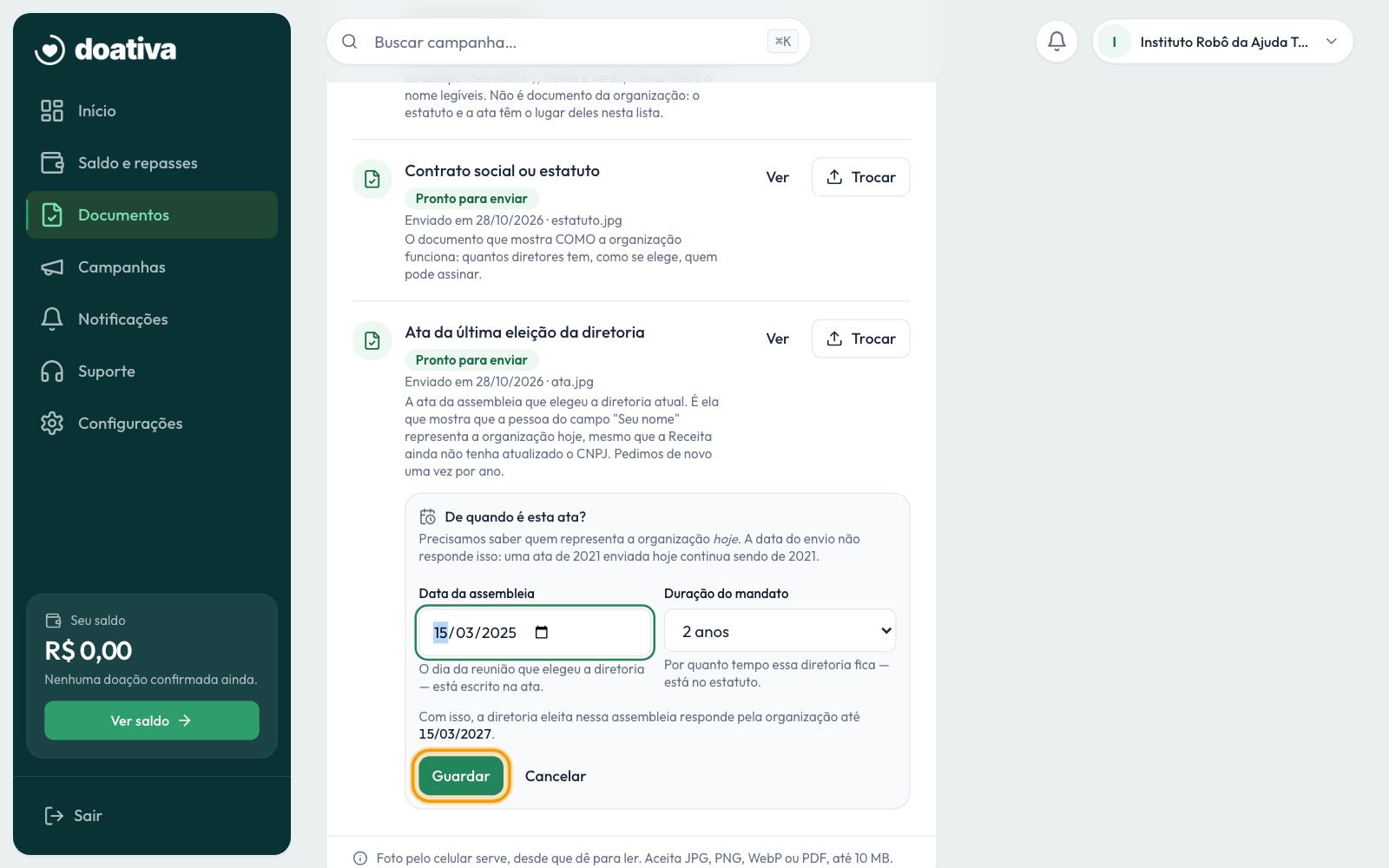 As datas da ata: a data da assembleia e a duração do mandato, com o botão Guardar em destaque