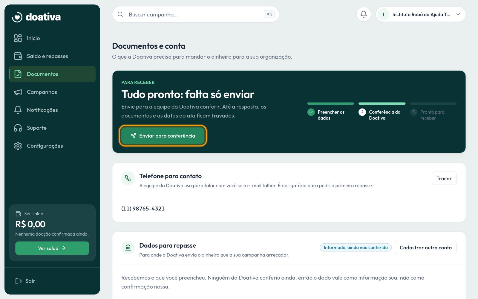 O botão Enviar para conferência aceso, em destaque