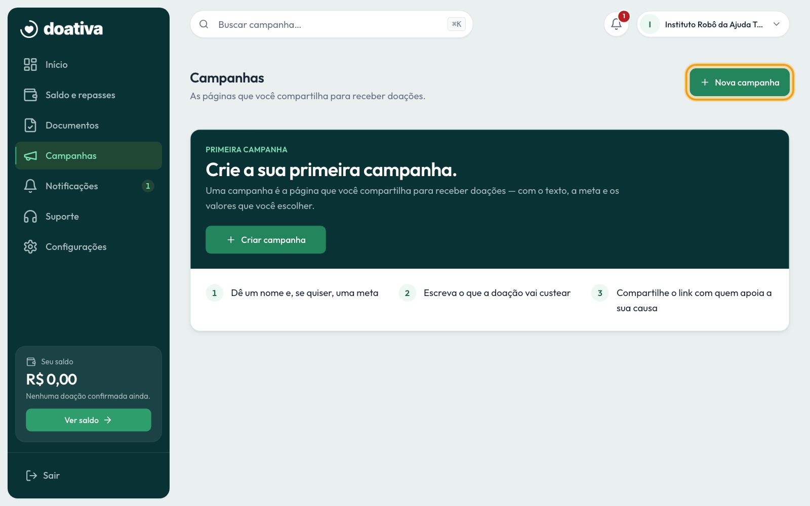 A página Campanhas, com o botão de criar a campanha em destaque