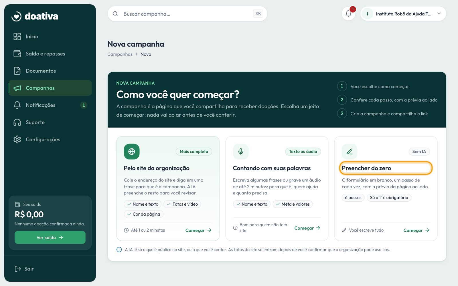 Como você quer começar: as três formas, com Preencher do zero em destaque