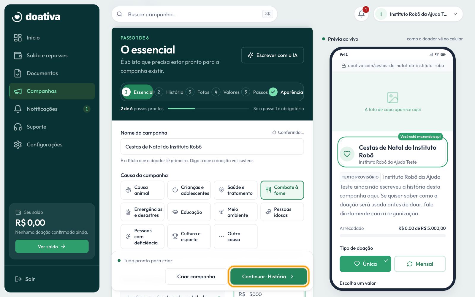 O essencial: nome, causa, endereço da página e meta, com o botão Continuar em destaque