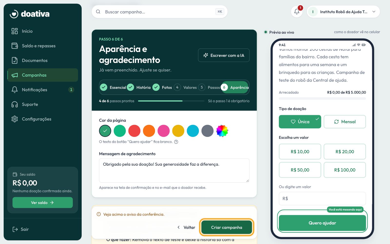 Aparência e agradecimento, o último passo, com o botão Criar campanha em destaque