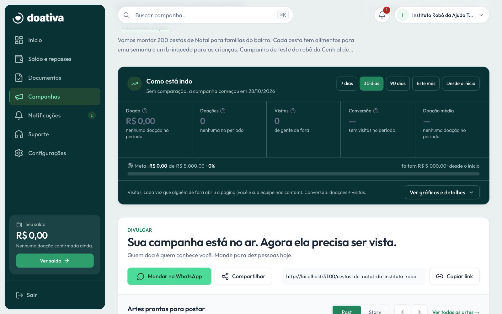 A campanha criada: o painel da campanha, já com o link para divulgar