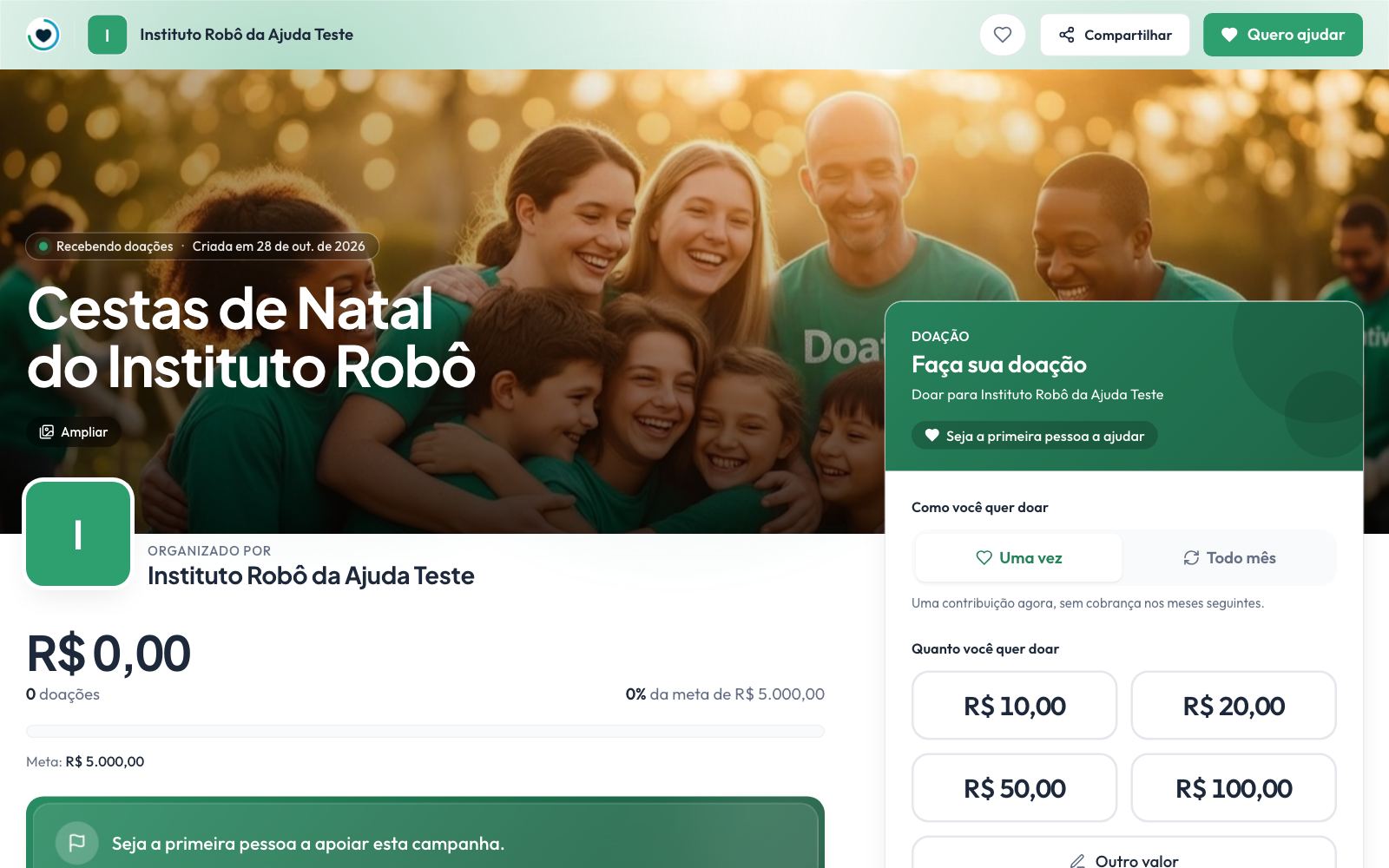 A página pública da campanha, como o doador vê