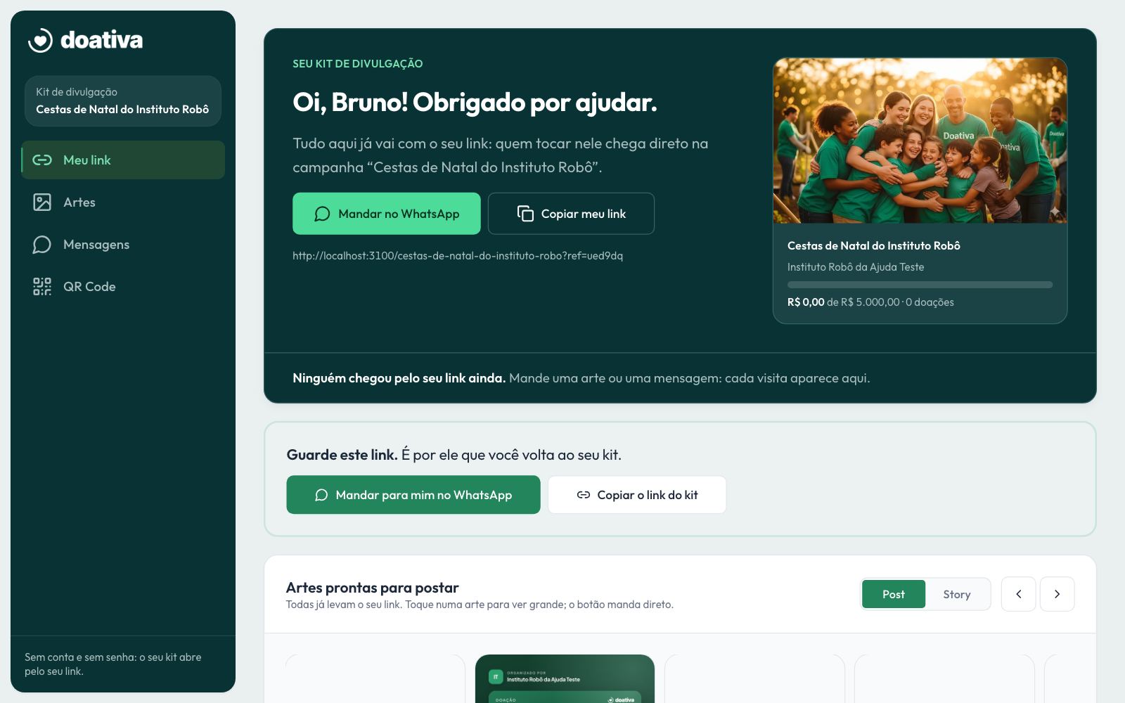 O kit do divulgador: o link pessoal, com os botões para mandar no WhatsApp e copiar