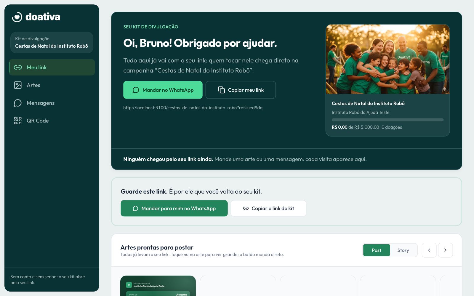 As artes prontas para postar, que já levam o link do divulgador