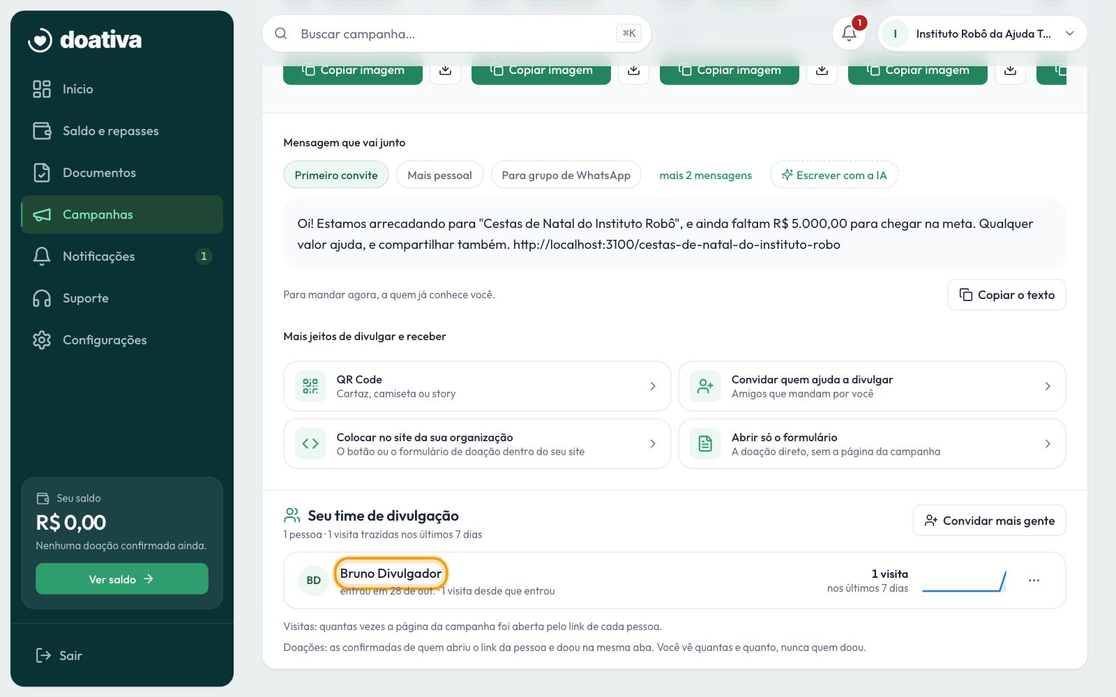 De volta ao painel: a pessoa no time, com as visitas que o link dela trouxe