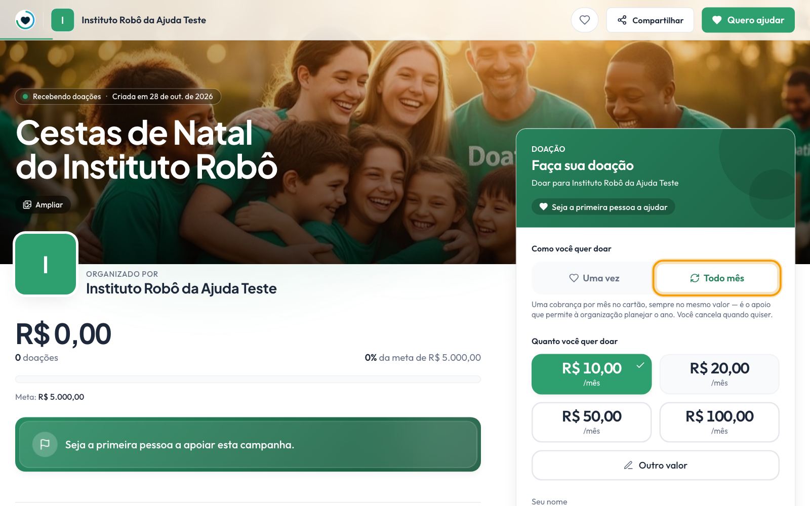 O formulário com Todo mês escolhido: uma cobrança por mês no cartão