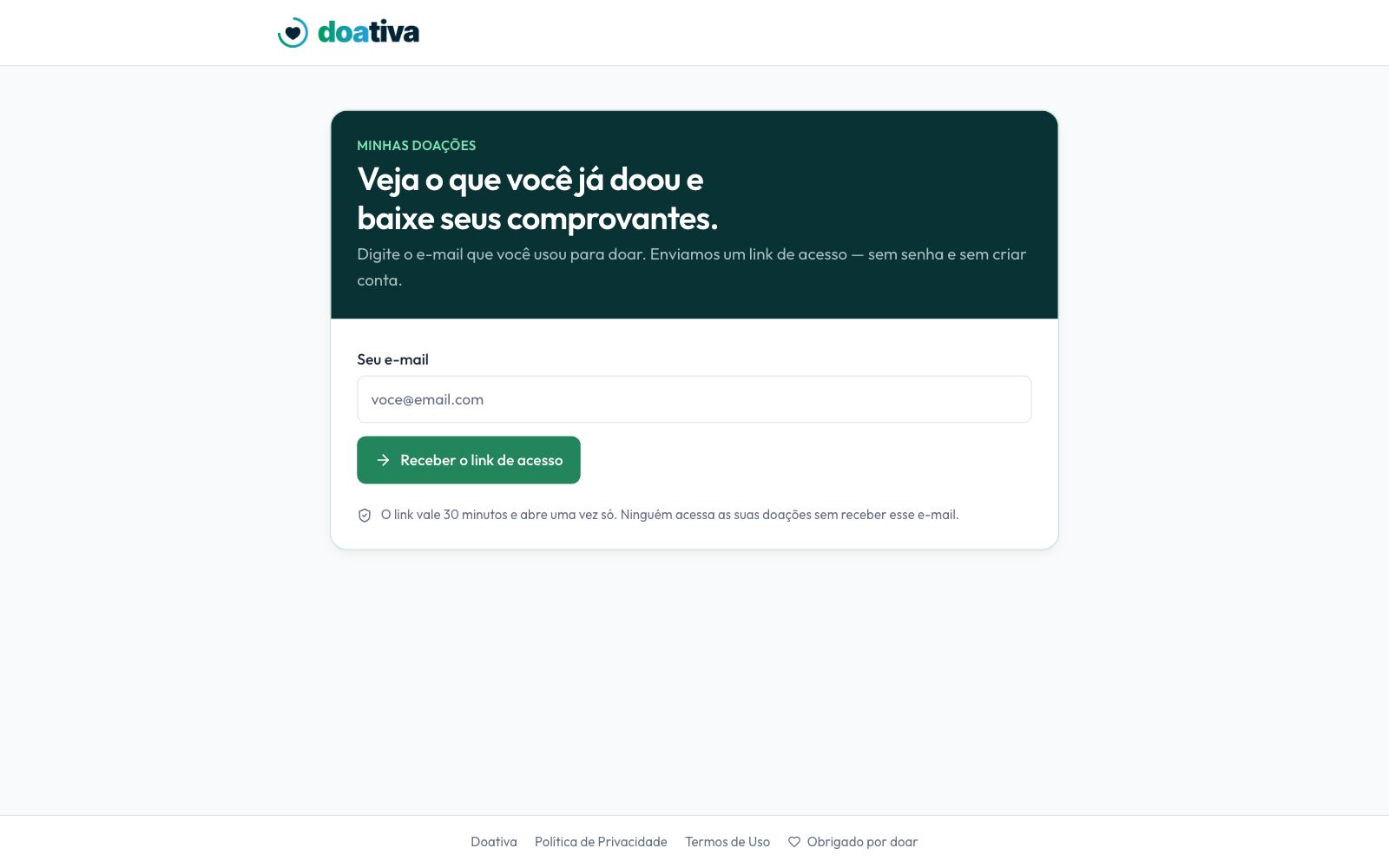 Minhas doações: o doador entra só com o e-mail e pode cancelar a doação mensal