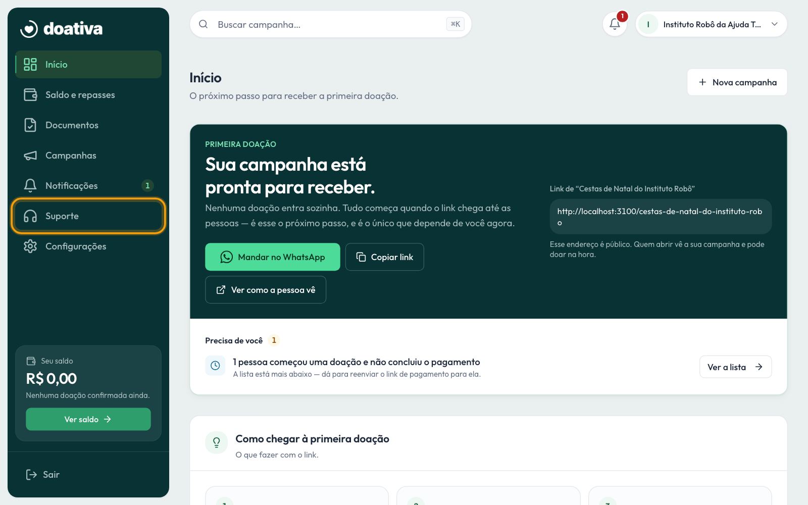 O menu do painel, com Suporte em destaque