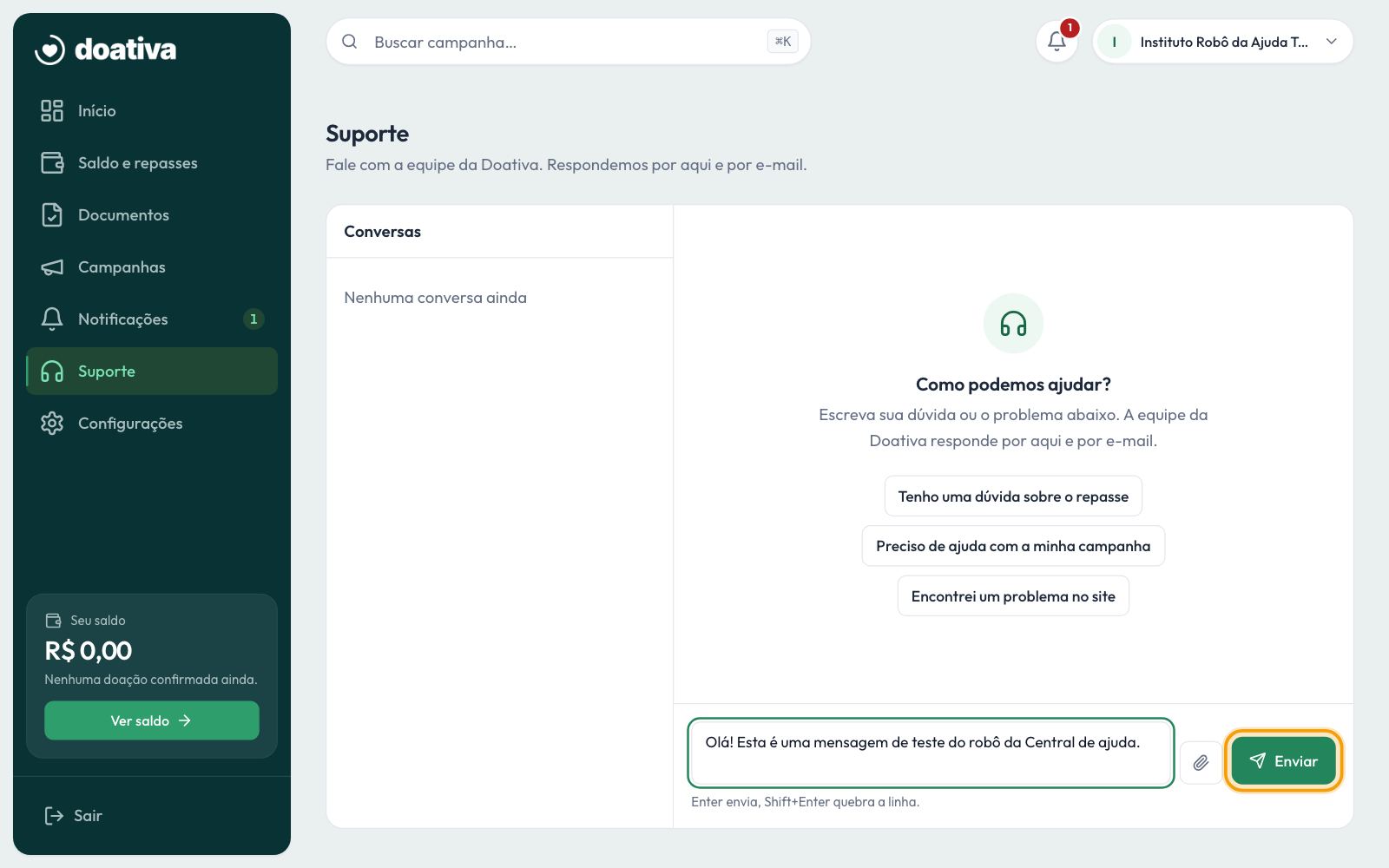 A página Suporte, com a mensagem escrita e o botão Enviar em destaque