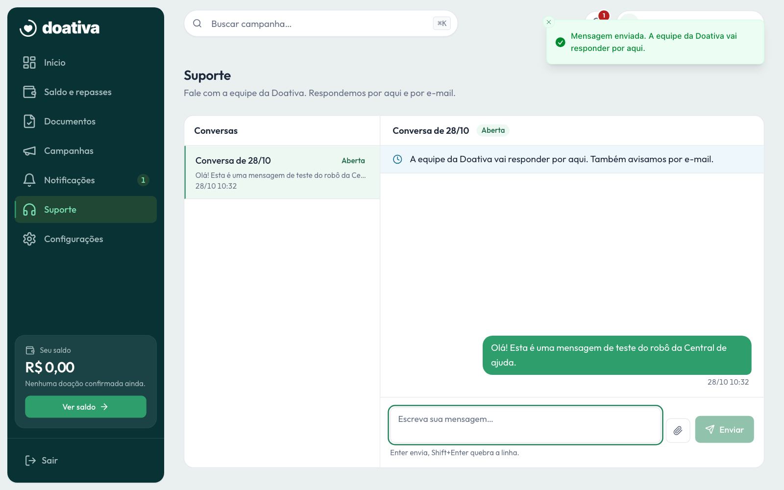 A mensagem enviada na conversa com a equipe da Doativa