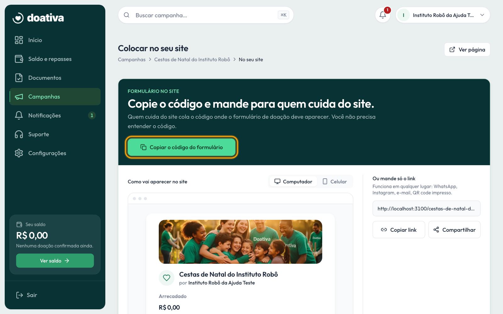 A página Para quem cuida do site, com o botão Copiar o código do formulário em destaque