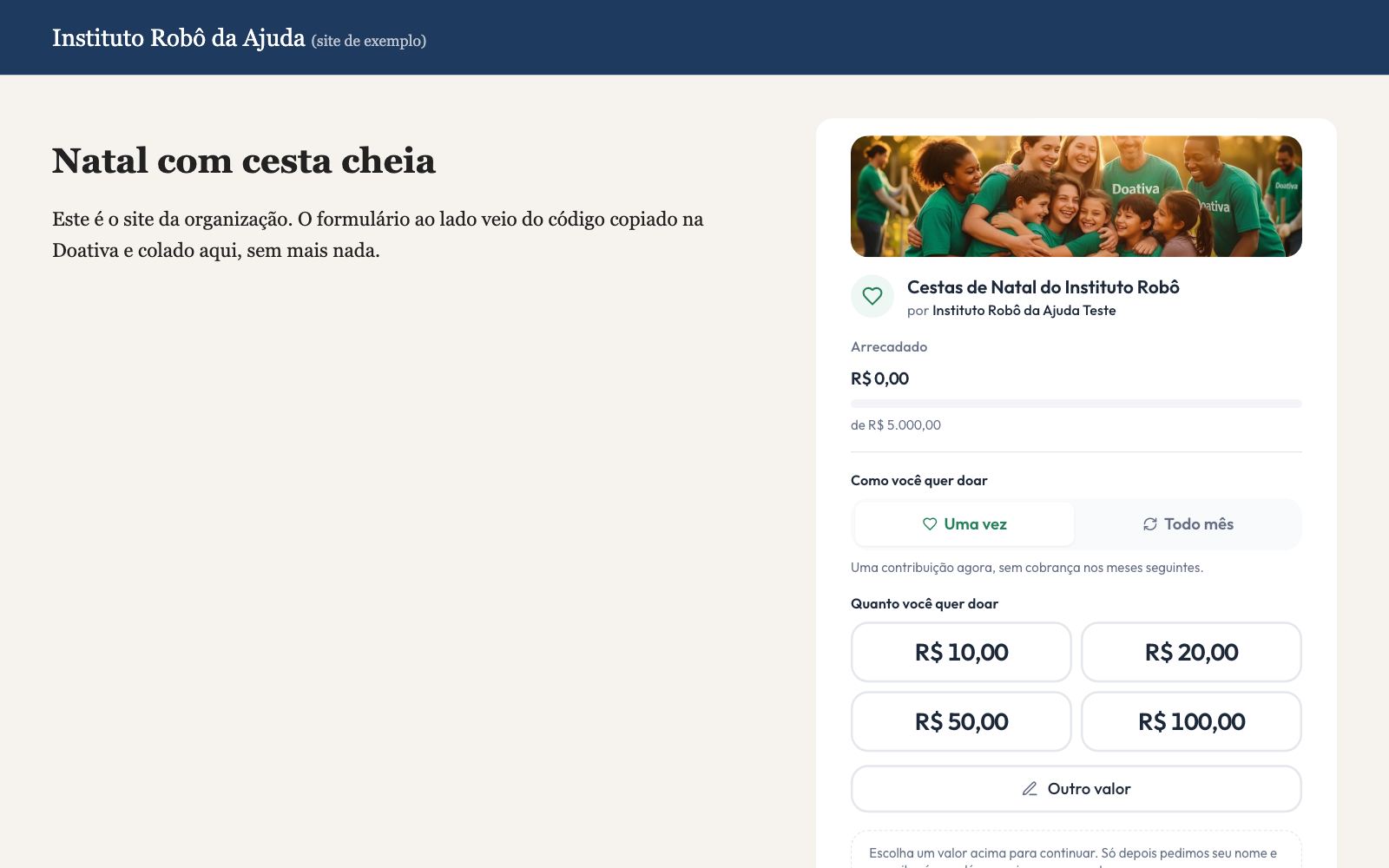 O formulário de doação dentro do site da organização, depois de colar o código