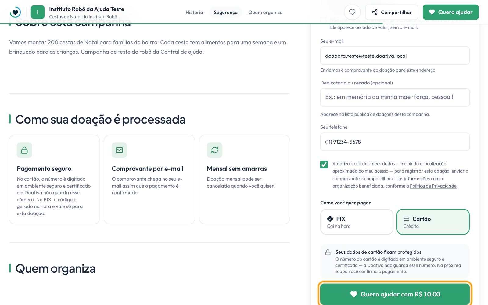 O formulário com Cartão escolhido, com o botão Quero ajudar em destaque
