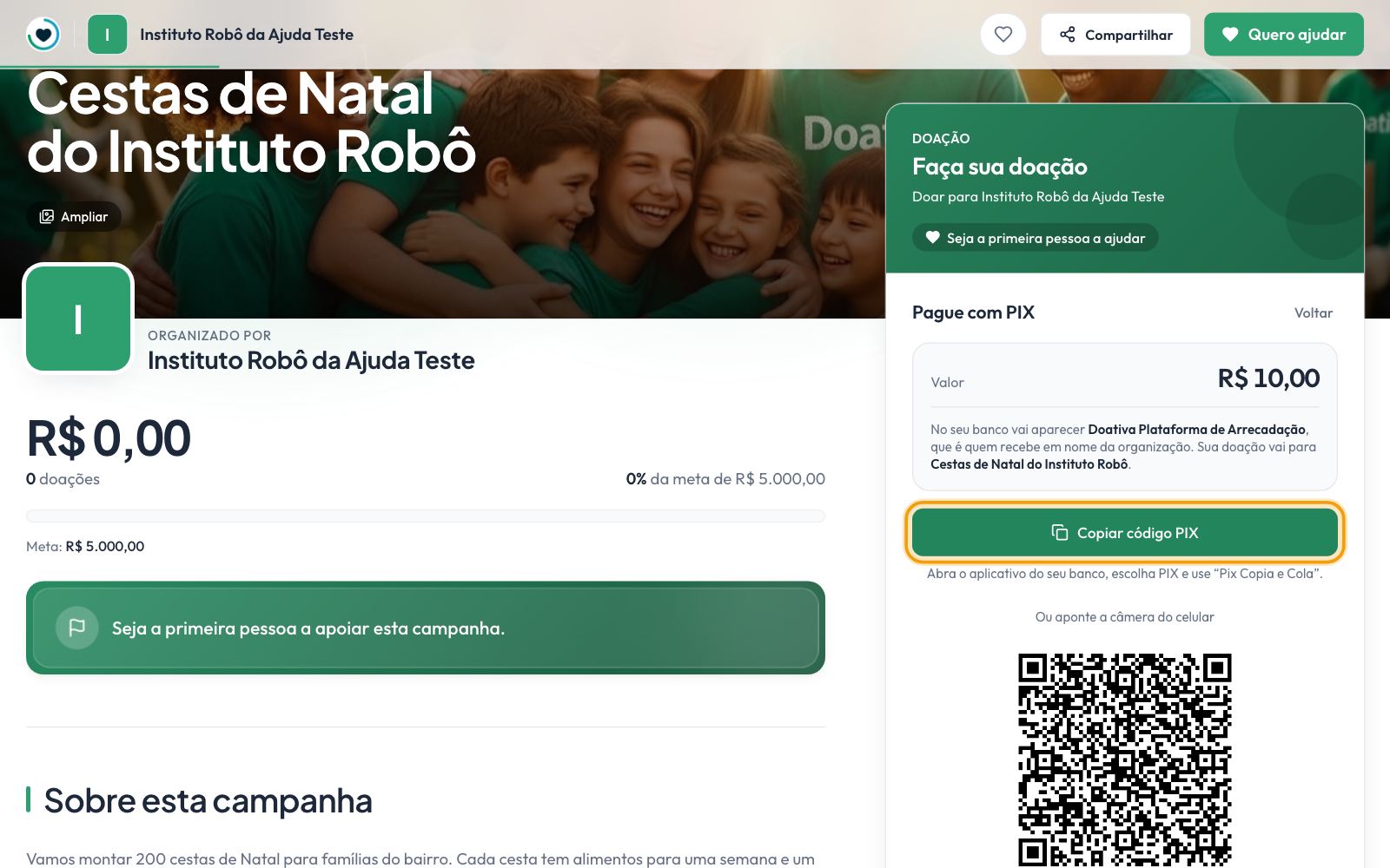 A tela Pague com PIX: o botão Copiar código PIX (copia e cola) e, logo abaixo, o QR Code