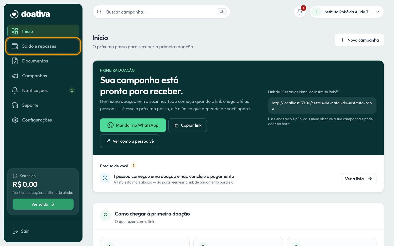 O menu do painel, com Saldo e repasses em destaque