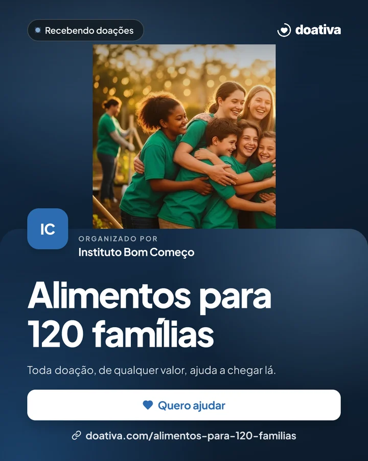 Arte "Capa": a foto da campanha em cima e, embaixo, uma folha azul com o nome da organização, o título, o botão "Quero ajudar" e o endereço.