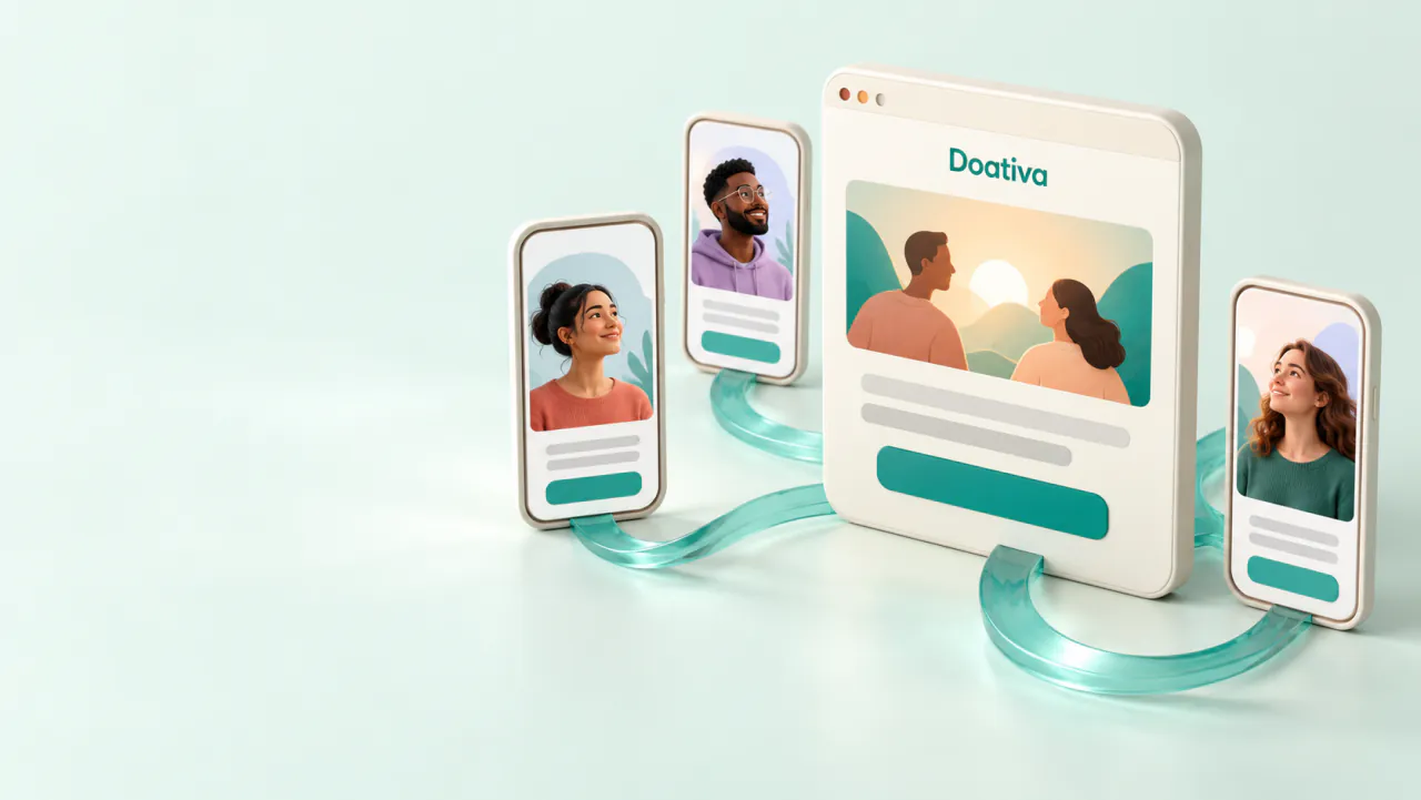 Ilustração de uma página de doação da Doativa ligada aos celulares de três apoiadores
