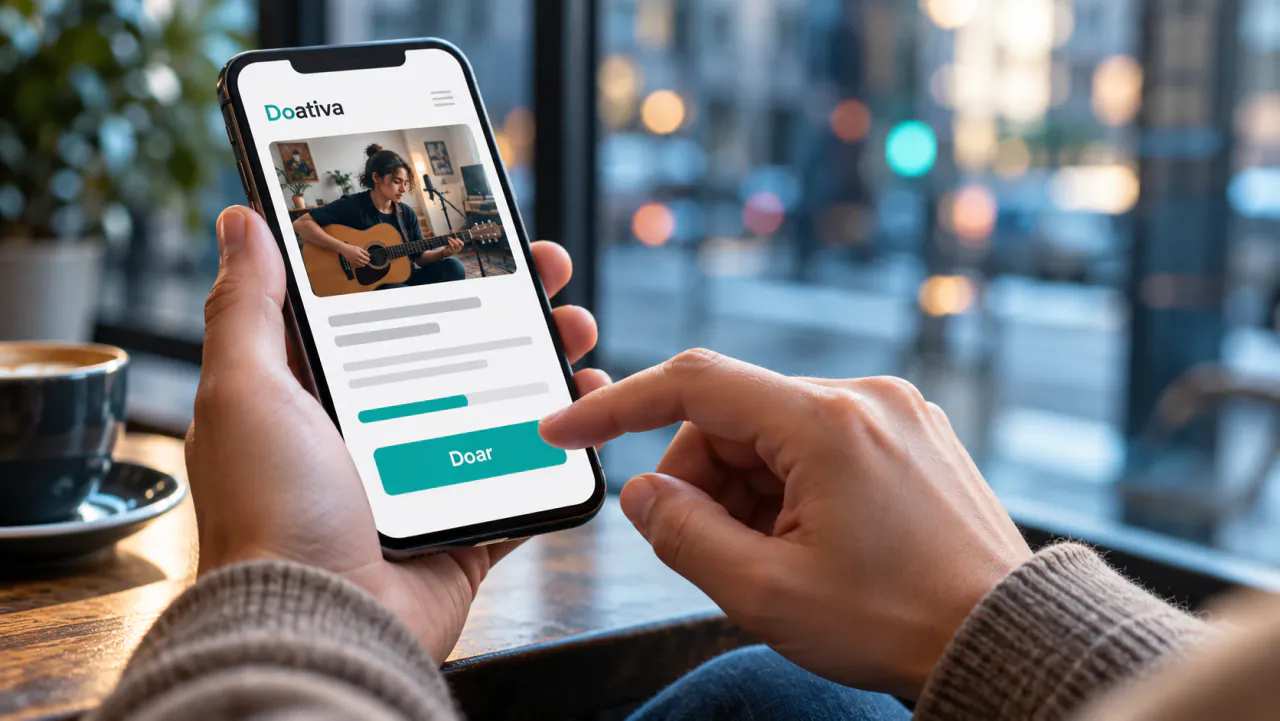 Pessoa tocando no botão Doar de uma página da Doativa no celular